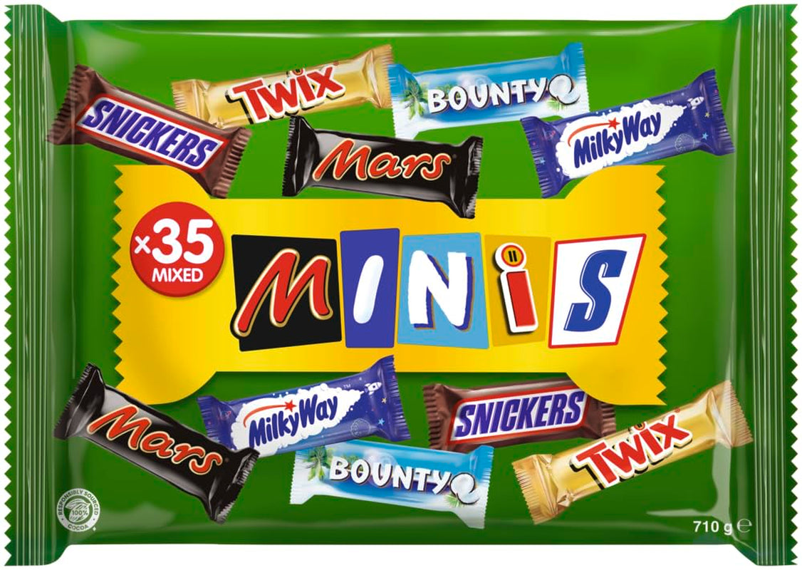Miniblandad chokladbulkpack, choklad, 35 minichokladsnacks (Mars, Snickers, Bounty, Twix, Vintergatan) som godis, chokladpresent, godisask (710 g)