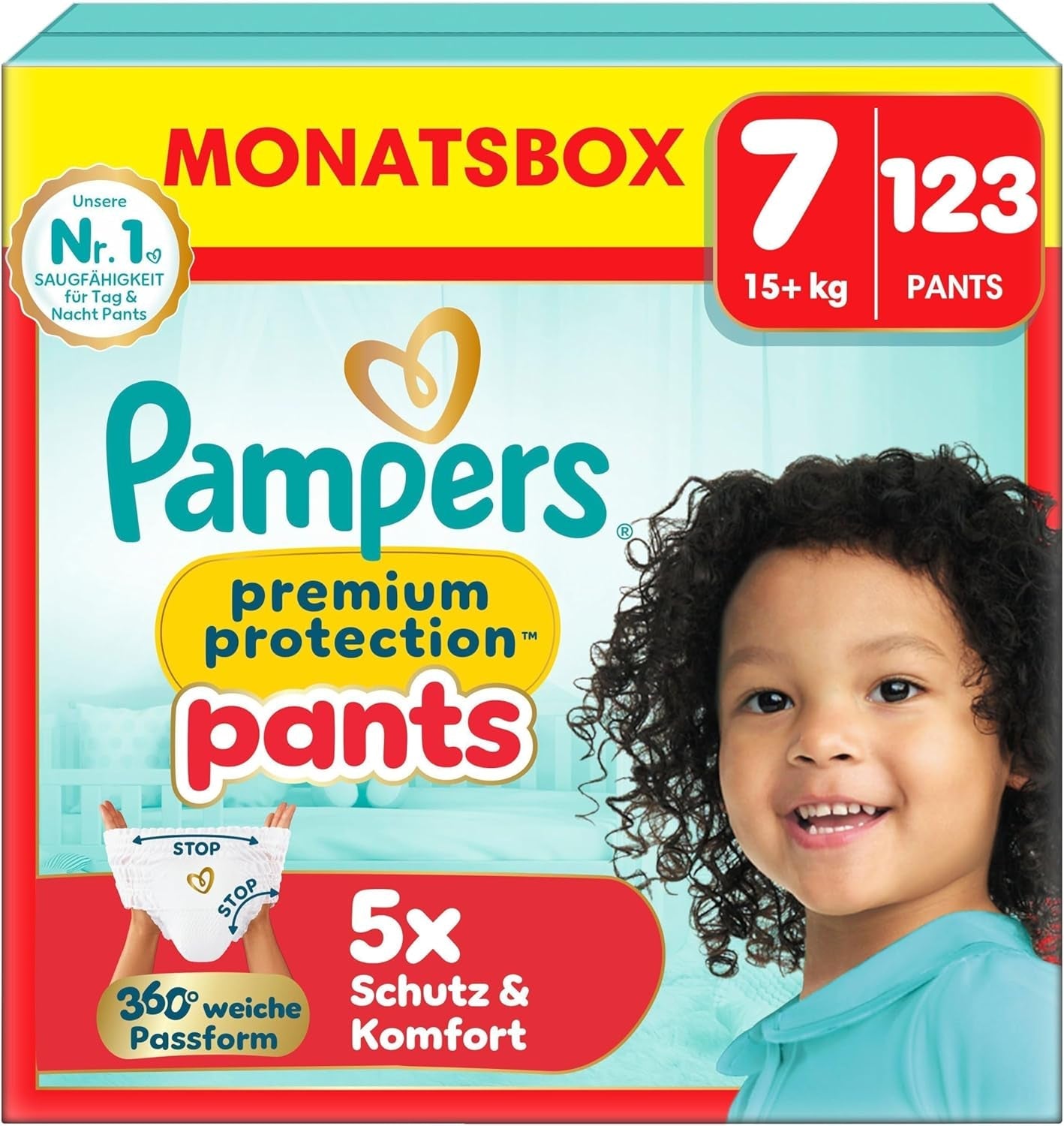 Pampers Premium Protection Pants Storlek 7, 123 Blöjor, 15 kg+, med 360° justering och mjuka anti-läcka muddar för optimal komfort och skydd