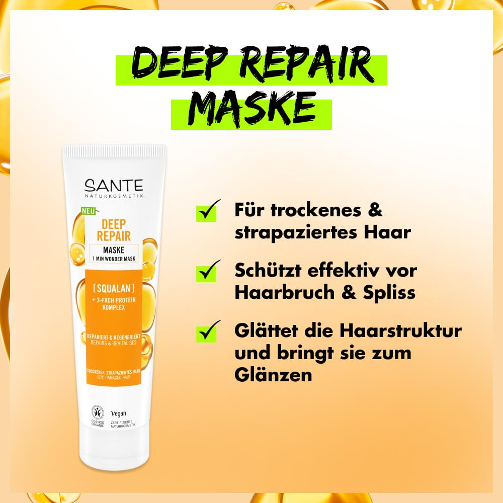 SANTE Natural Cosmetics Deep Repair Mask Squalane + 3x proteinkomplex, vegansk hårmask för intensiv återfuktning och flexibelt hår, reparerar och regenererar skadat hår, 150 ml Naty Shop Hair Mask