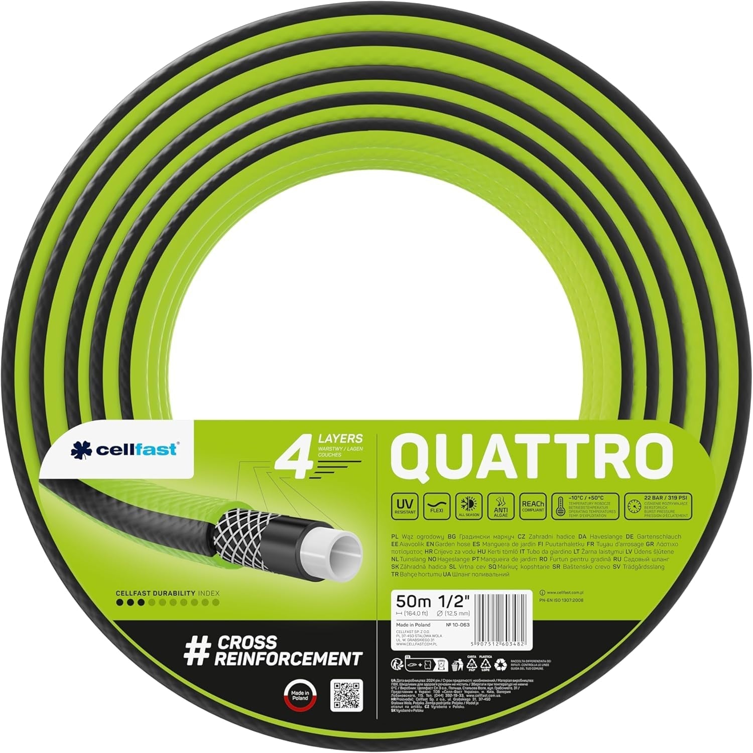 Cellfast QUATTRO Trädgårdsslang Slitstark Lättvikts 4-lagers UV-beständig trådslang Cross Braid 20 Bar 3/4" 15m 10-074