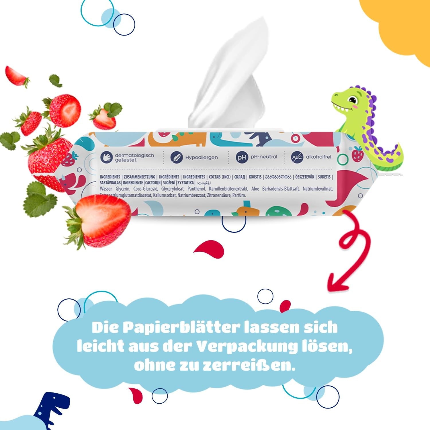 Kindii Fun Wet Toalettpapper - (10X60 stycken) Wet Toalettpapper - Kamomill, Aloe Vera, Ph-neutralt, Vattenbart, Fräschar upp det intima området - 600 stycken