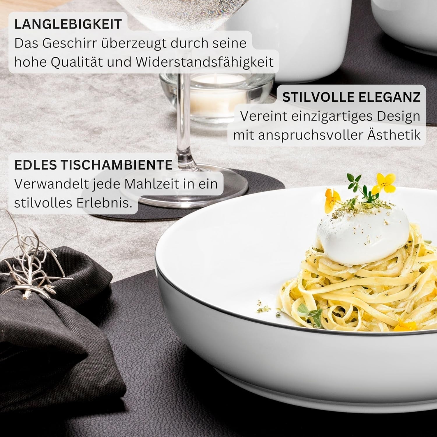 SANGER | Marlo Black and White Edge servisset, 18 delar porslinsservis set för 6, vitt med svarta accenter, mattallrikar, desserttallrikar och skålar, modern design | PREMIUM KOLLEKTIONEN