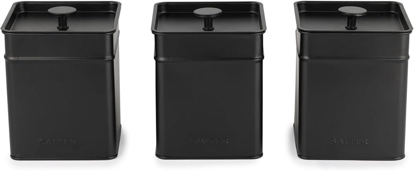 Salter BW12614EU7 Kuro förvaringslådor set - 4 köksbehållare Bröd/te/kaffe/socker Fyrkantiga förvaringslådor Lätt att rengöra Håll maten fräsch Black Naty Shop Matförvaringslådor 3 delar set