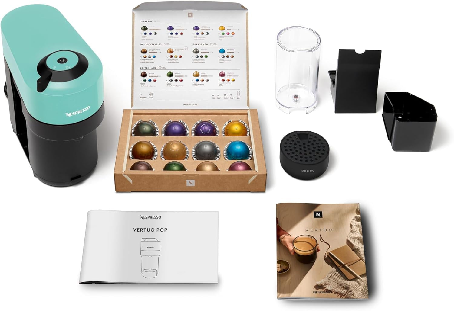 Espressomaskin med Nespresso Krups Vertuo Pop-kapslar, kapacitet: 560 ml, automatisk kapseligenkänning, one-touch-system, 4 koppstorlekar, förkortad uppvärmningstid, hållbar, Aqua Mint, XN9204
