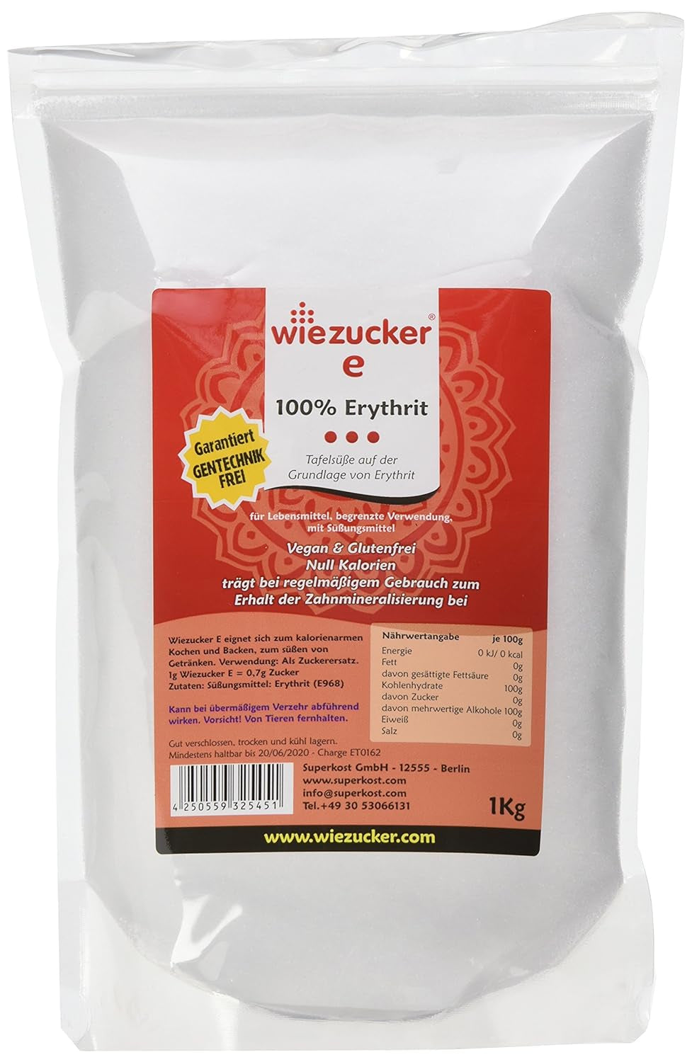 Erythritol, 1Er Pack (1 X 1 kg) 1000 gram sötningsmedel Naty Shop Single