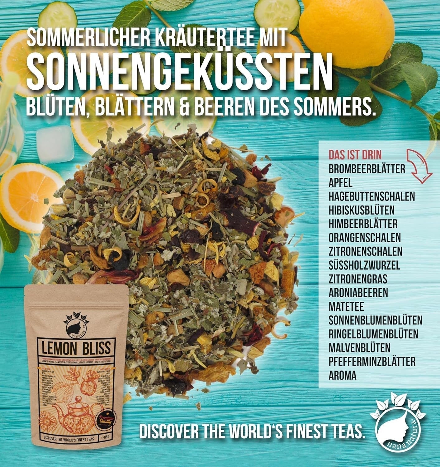 Nananatura'S Original LEMON BLISS TEA 85G | Fruktigt och uppfriskande sommarörte | Som kallt te, iste eller klassiskt varmt | Med blommor, löv och solmogna bär | Inget socker
