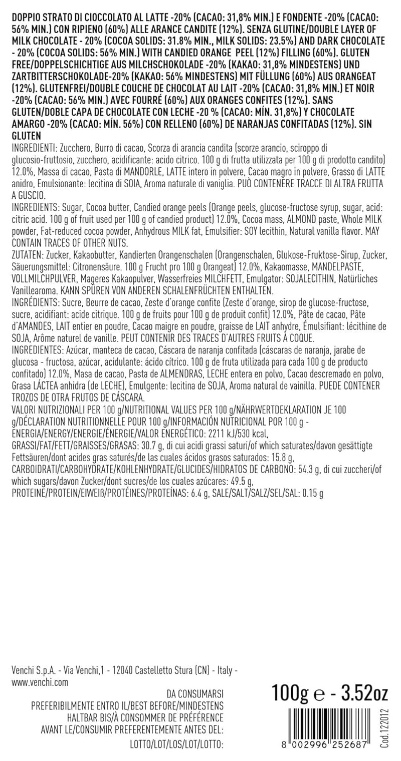 Venchi - Mjölkchoklad och mörk choklad 56% cigarr med kanderat sicilianskt apelsinskal, 100g, glutenfri, inga färgämnen och inga konserveringsmedel