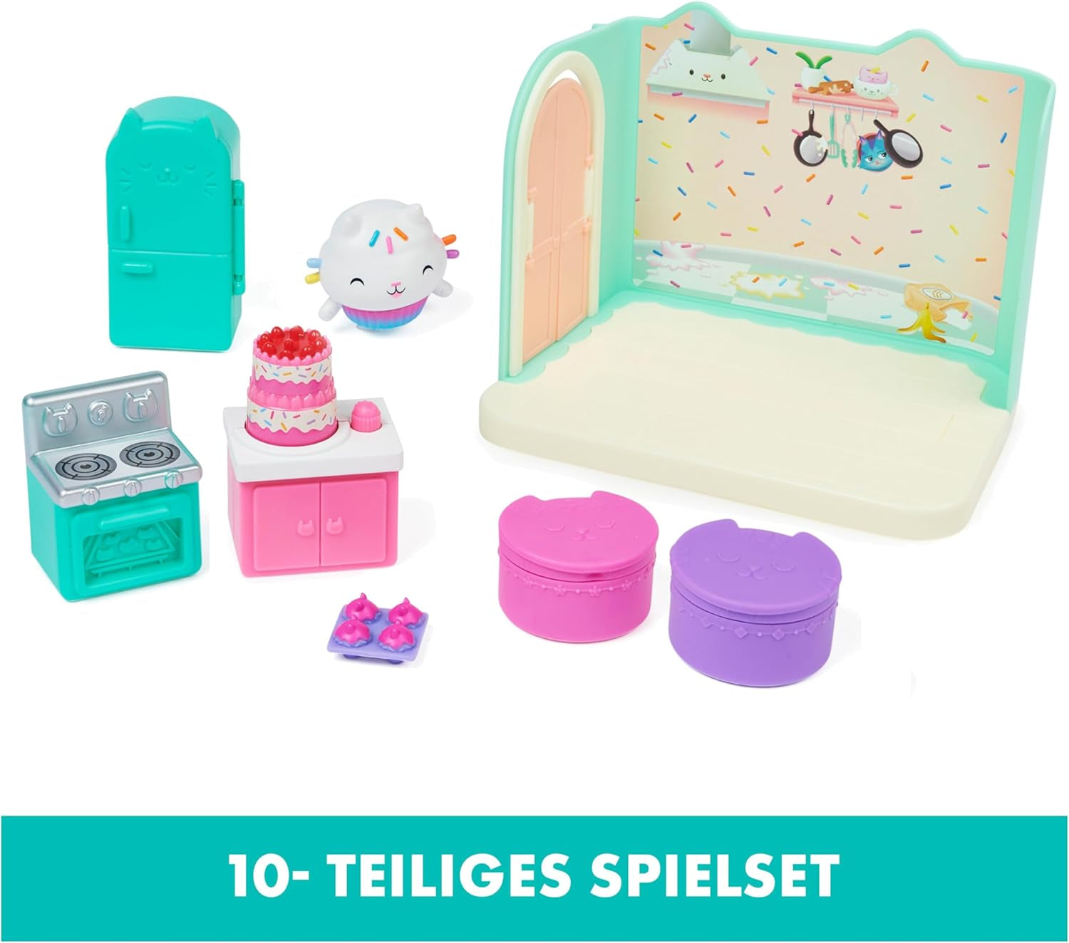 GABBY'S DREAMWORKS DOLLS HOUSE - Deluxe Room, Cakey Confectionery, Kuchi Kitchen (rumänska: Cakey), 3 möbler och 2 överraskningslådor med tillbehör, lämplig för barn från 3 år och uppåt