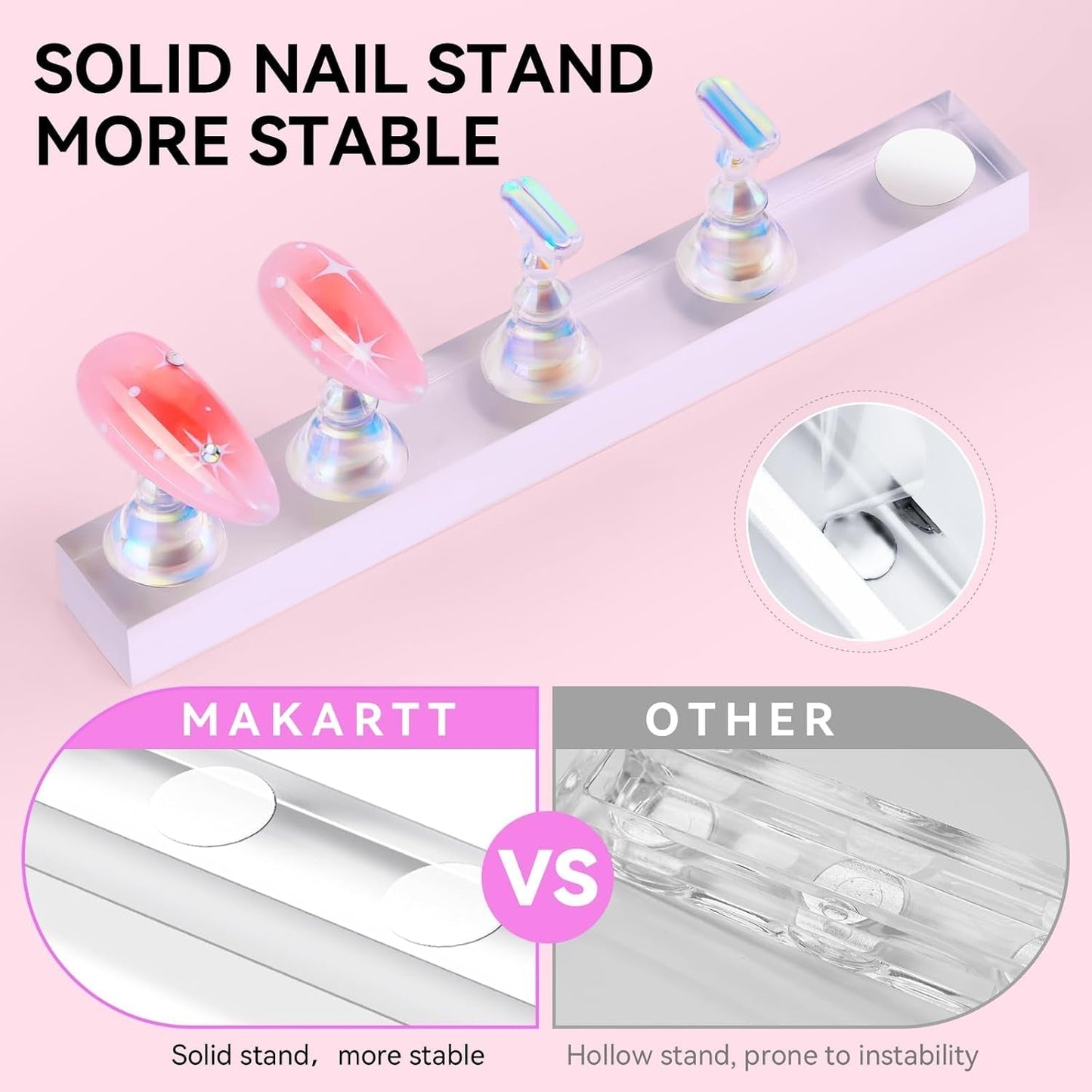 Makartt akryl nagelhållare, magnetisk nagelhållare, nagelhållare, transparent rosa nagelhållare med 48 självhäftande spackel