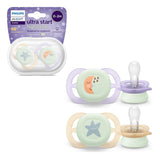Philips AVENT Ultra Start nattnapp, ortodontisk napp för nyfödda, Glow in the Dark, BPA-fri, med steriliseringsbehållare, Twin Pack, Moon, Star, SCF075/07