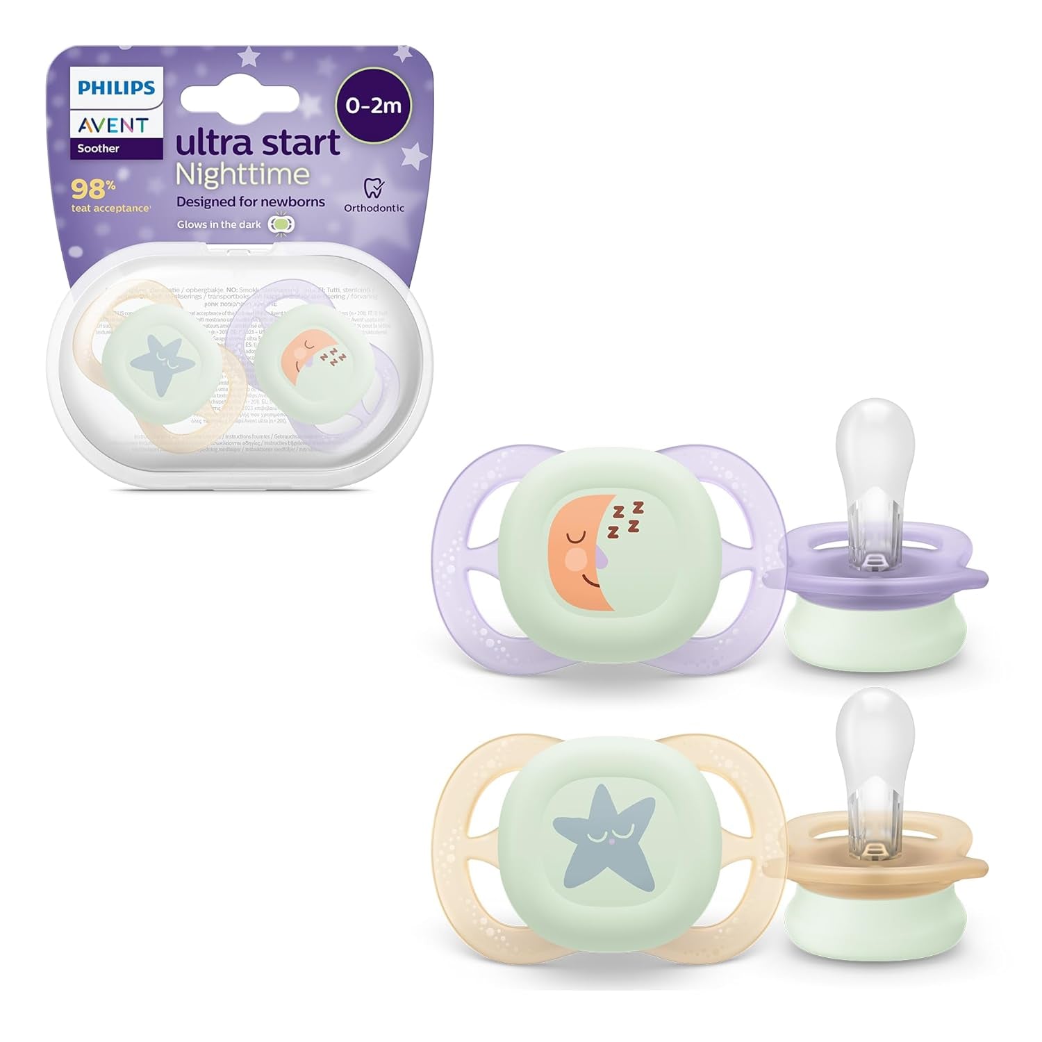 Philips AVENT Ultra Start nattnapp, ortodontisk napp för nyfödda, Glow in the Dark, BPA-fri, med steriliseringsbehållare, Twin Pack, Moon, Star, SCF075/07