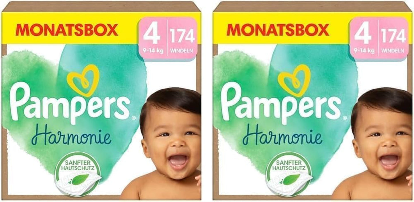 Pampers Harmony blöjor storlek 4, 174 blöjor, 9 kg-14 kg, skonsamt hudskydd med 100 % Pampers skydd