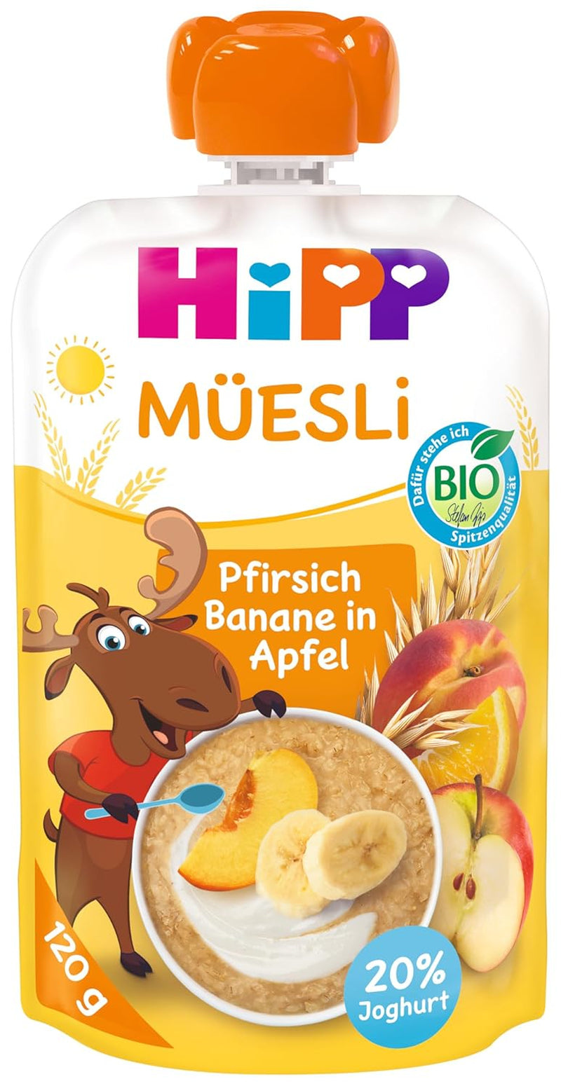HiPP Müesli Pfirsich Banane i Apfel mit Joghurt, Quetschie ab 1 Jahr, (6 x 120g)