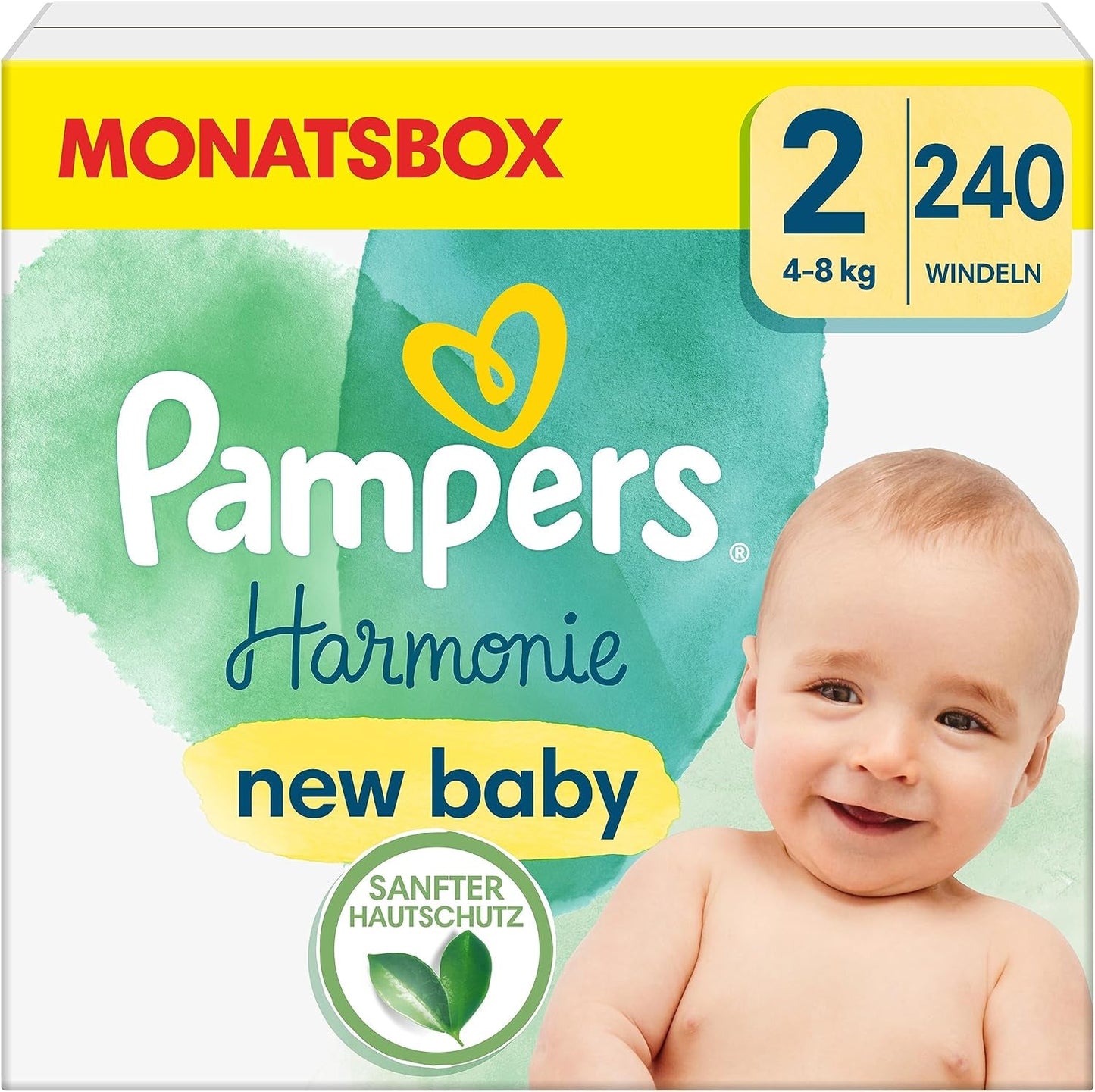 Pampers babyblöjor, storlek 2 (4-8 kg), Harmony, Half Moon Box, skonsamt hudskydd och växtbaserade ingredienser, 240 Count