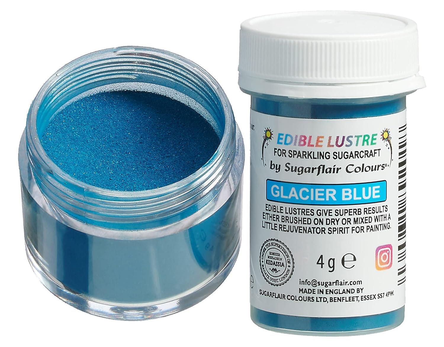 Sugarflair Luster Ätbar matfärg, Glacier Blue - Ätbart lysterpulver för kakor, muffins, choklad, bakverk, desserter, glass, drycker, cocktails och mer - 4g