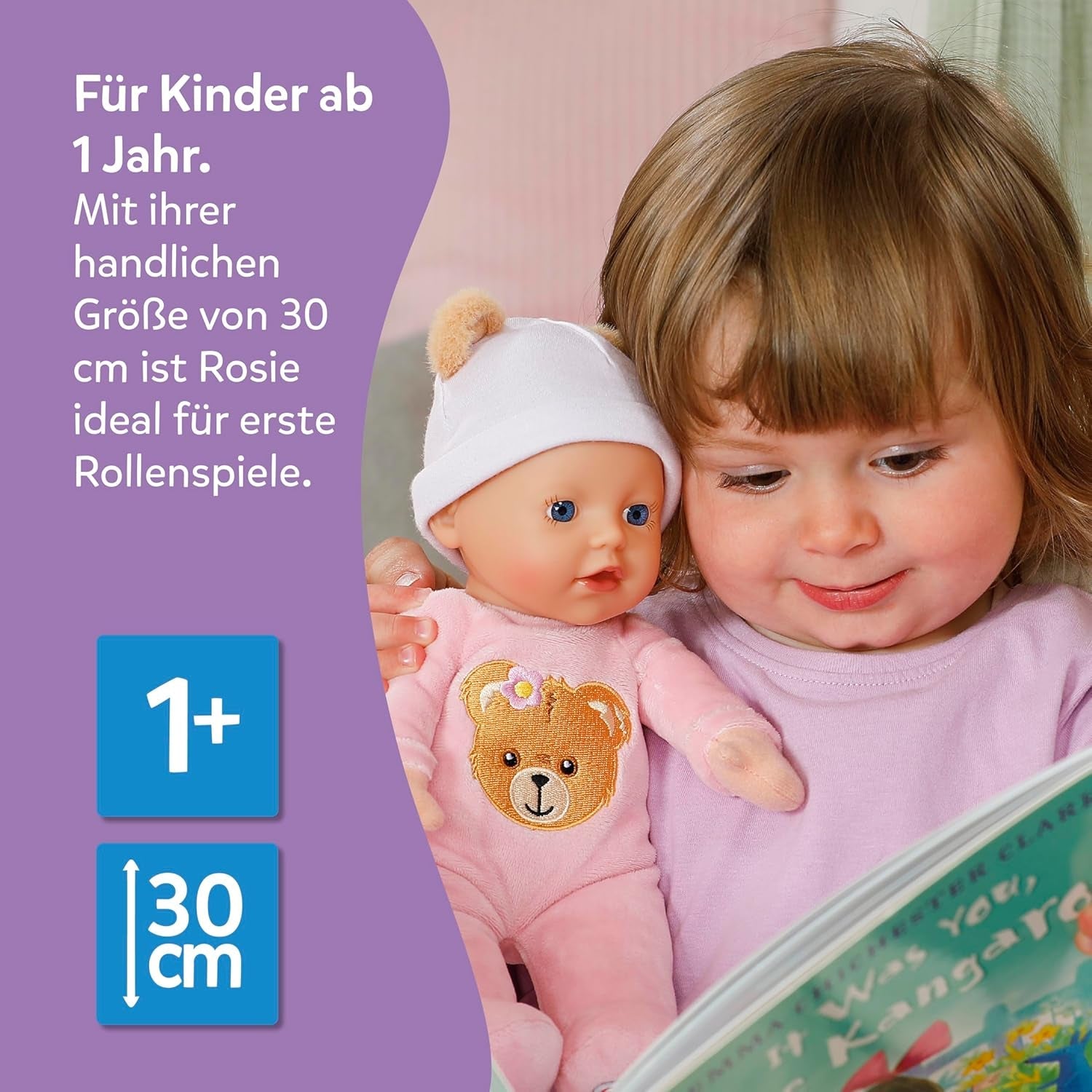 Baby Born Rosie mjuk docka 30 cm med 6 ljud och flaska, rosa