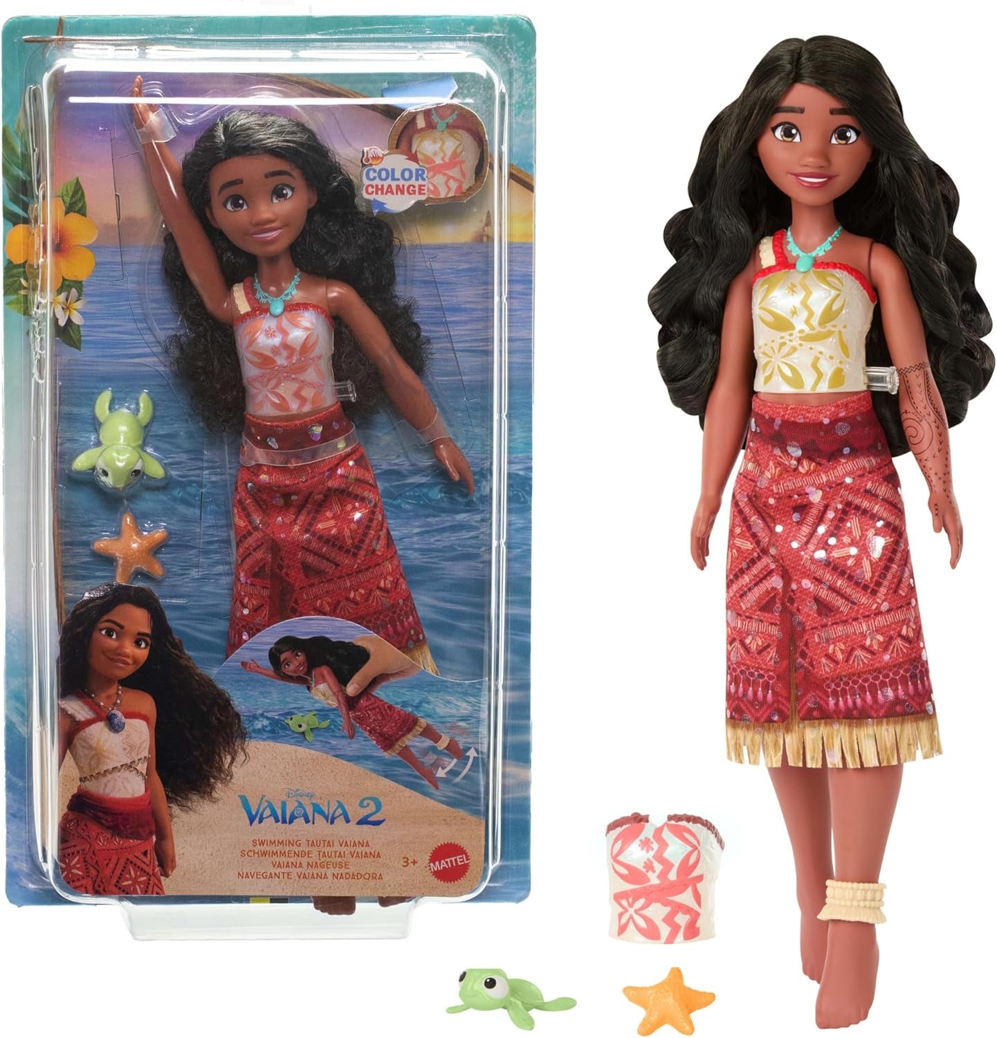 Mattel Toys Disney Moana 2 Tautai Moana simmodedocka med 2 tillbehör, färgskiftande topp och ben för simrörelser Filminspirerad JFF09