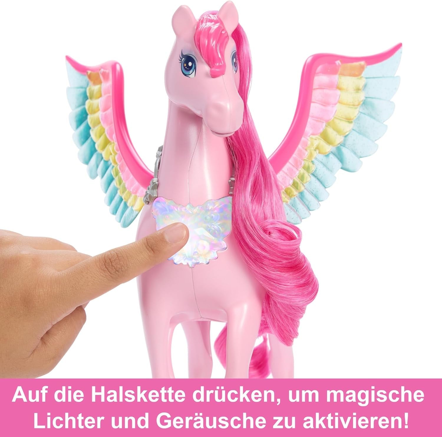 Barbie Pegasus Magic Hide and Seek - Interaktiv leksak med ljus och ljud, 10 tillbehör, Rainbow Wings, för åldrarna 3 och uppåt, HLC41