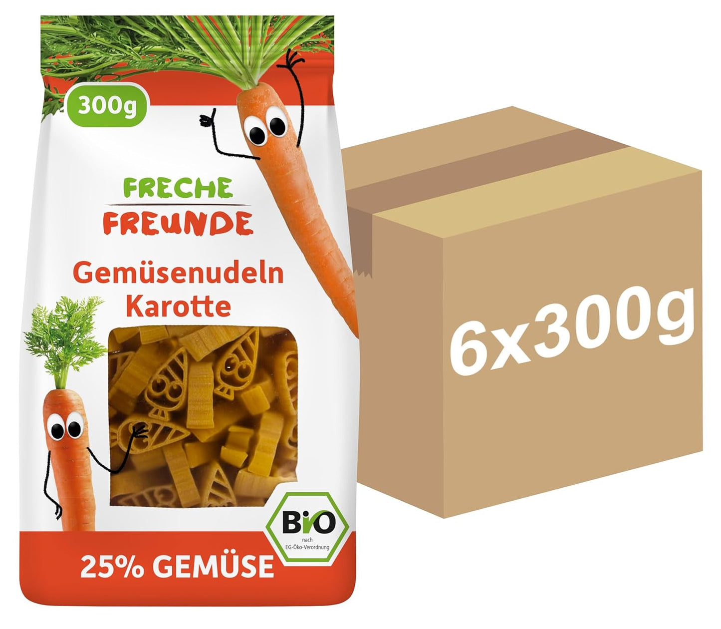 Freche Freunde Ekologiska grönsaksnudlar 'morot' 25 % grönsaksinnehåll Vegansk 6-pack (6 x 300 g)
