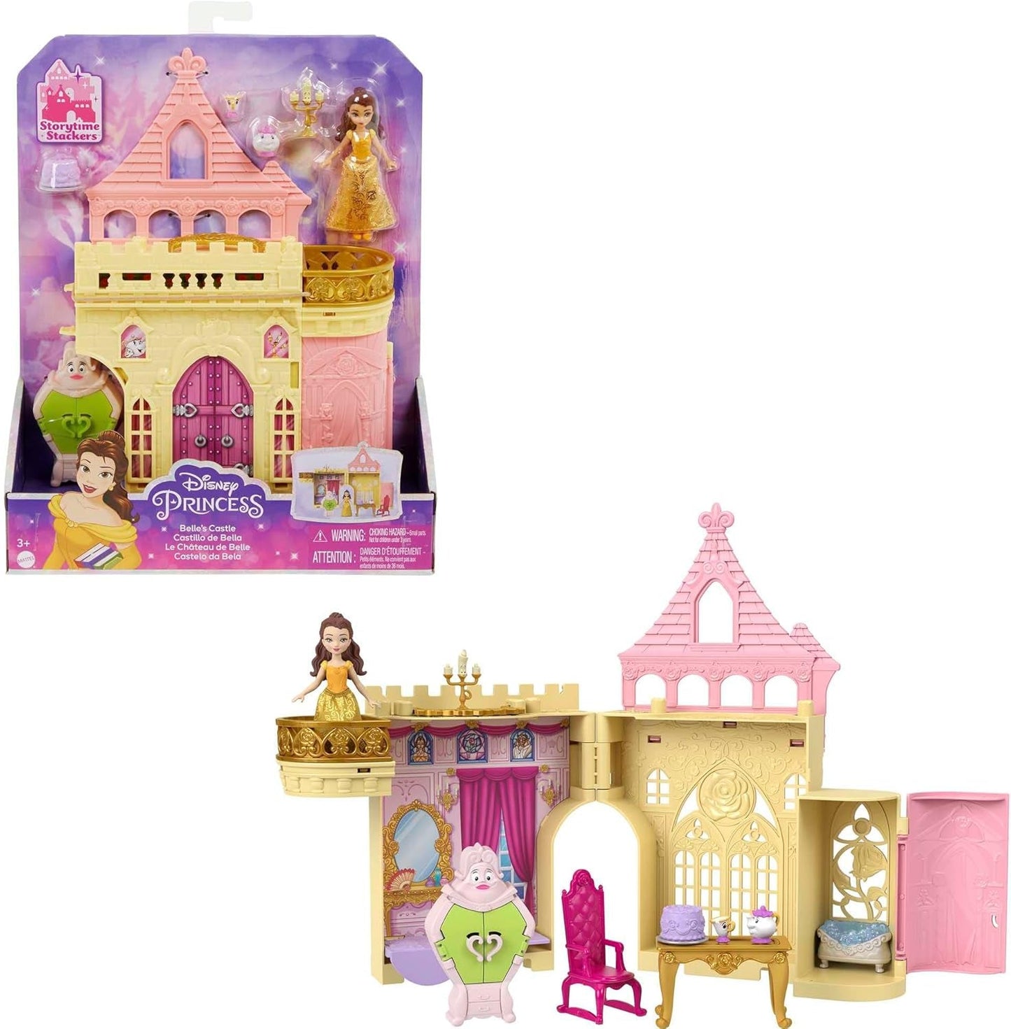 Mattel Disney Princess förvandlar leksetet vagn till slott med liten norrskensdocka, 3 nivåer, 6 lekytor, 4 figurer, möbler och tillbehör HWX17 Dolls Naty Shop Belle Playset
