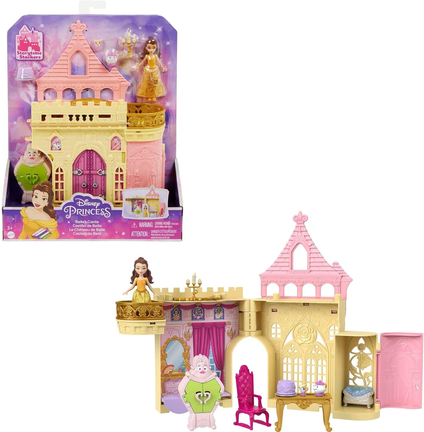 Mattel Disney Princess förvandlar leksetet vagn till slott med liten norrskensdocka, 3 nivåer, 6 lekytor, 4 figurer, möbler och tillbehör HWX17 Dolls Naty Shop Belle Playset