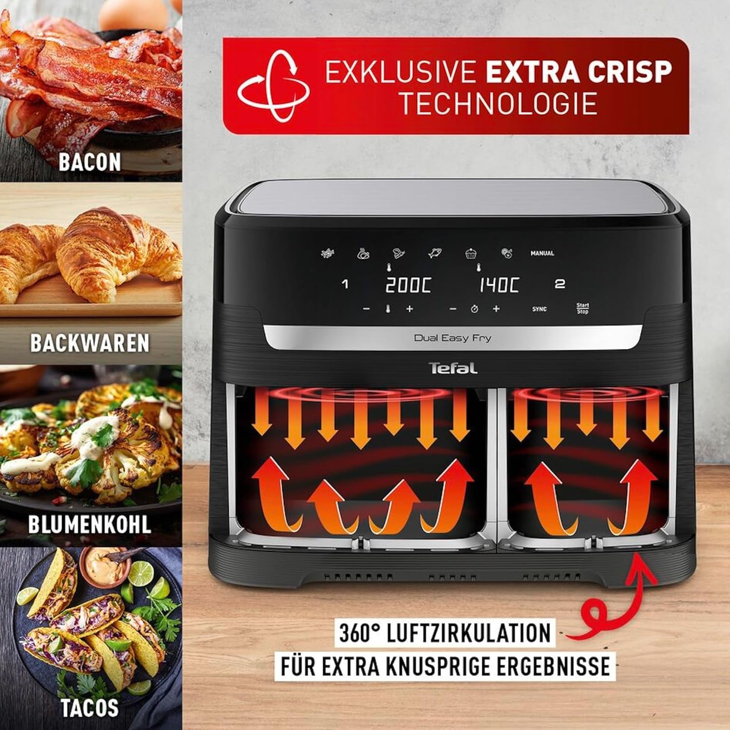 Tefal Dual Easy Fry Hot Air Fryer med två kammare, 5,2/3,1 liters kapacitet, två oberoende lådor, 7 program Hushållsapparater Naty Shop