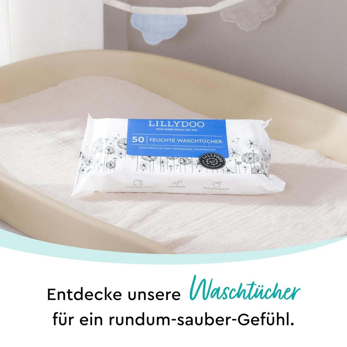 LILLYDOO Feuchte Waschtücher 350 Stück (7 X 50), 100 % Plastikfrei, Extra Großes Tuch, Ohne Parfüme Naty Shop
