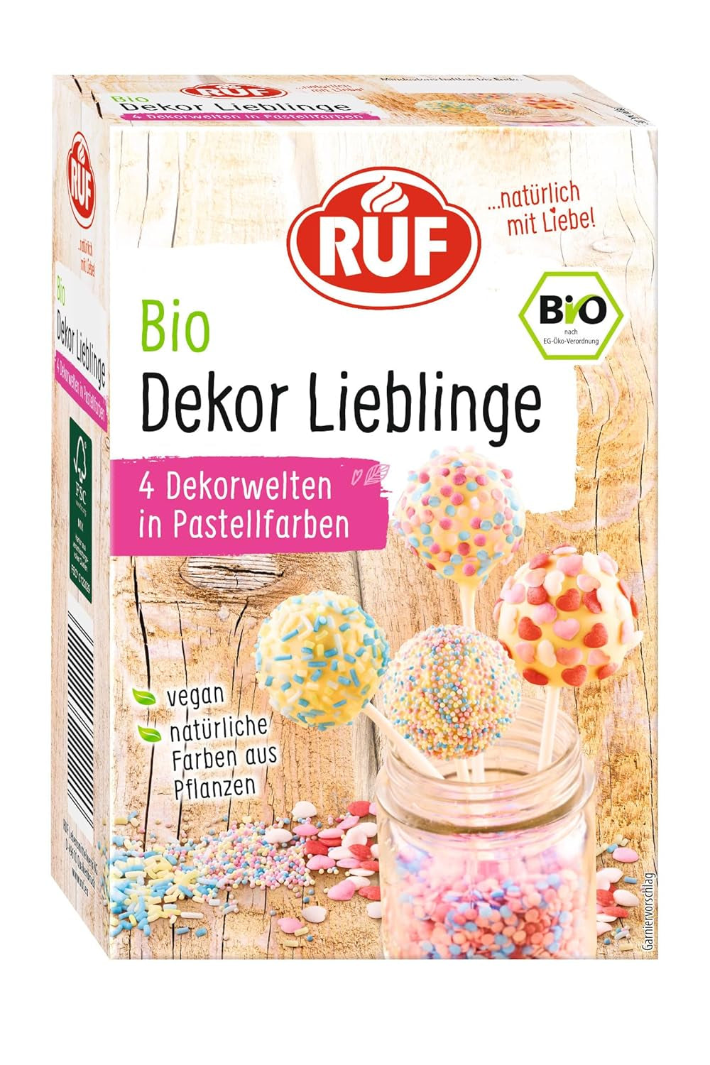 RUF Ekologisk Dekor Lieblinge, 4 varianter av färgglada bakdekorationer med strössel, sockerpärlor och sockerhjärtan, inga konstgjorda färger, vegansk, 140 gram Naty Shop