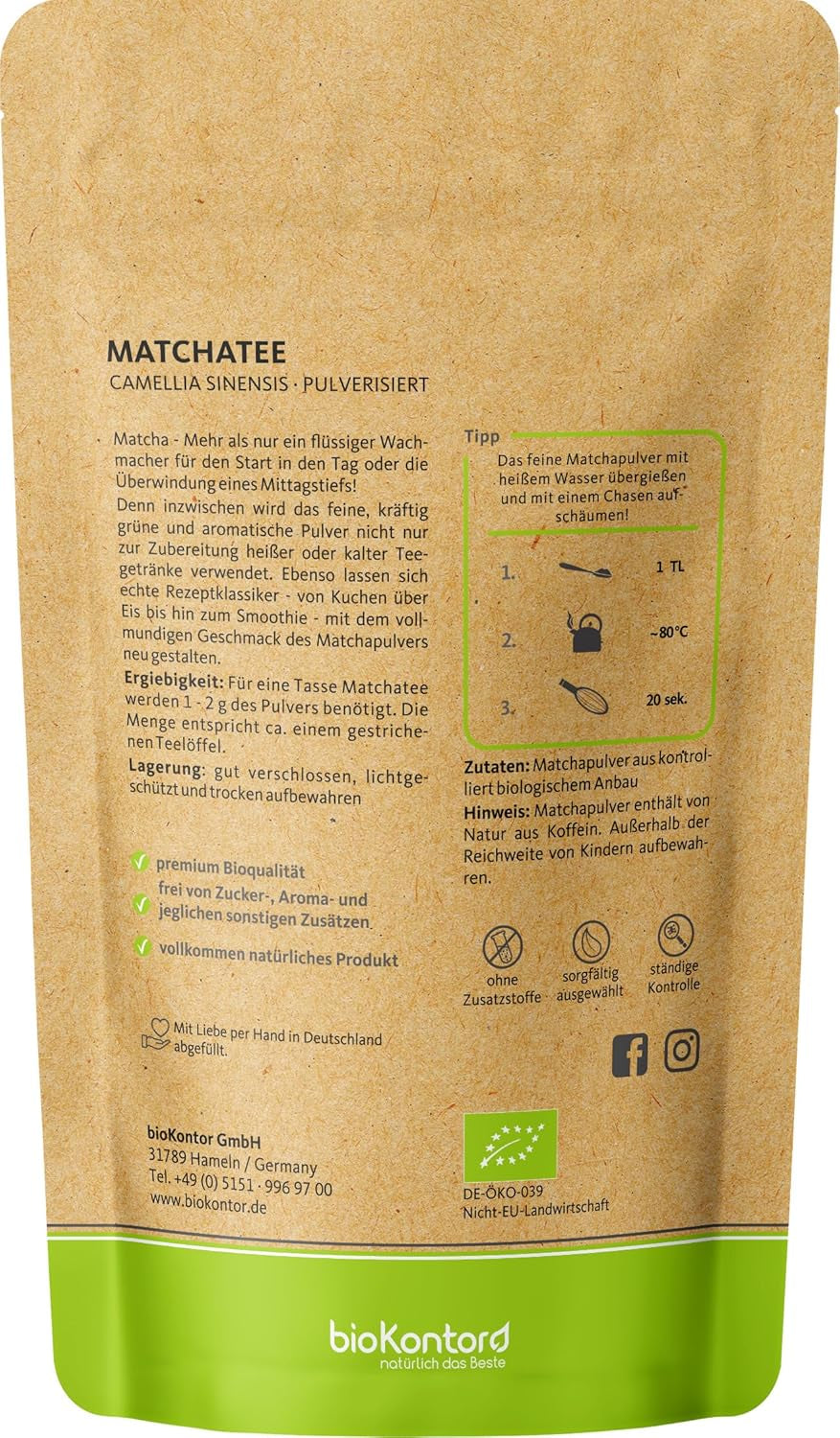 Matcha BIO pulver 100 g I Inga tillsatser - 100% naturligt I Premium japanskt matcha te I grönt te-pulver från