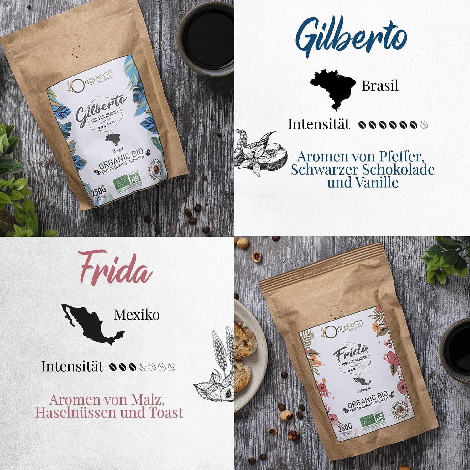 ORIGEENS Bio Kaffeebohnen Probierset 1kg | Premium Bio Arabica Kaffee Ganze Bohnen Set 4x250g | Traditionell Röstung | Kaffe Geschenkset