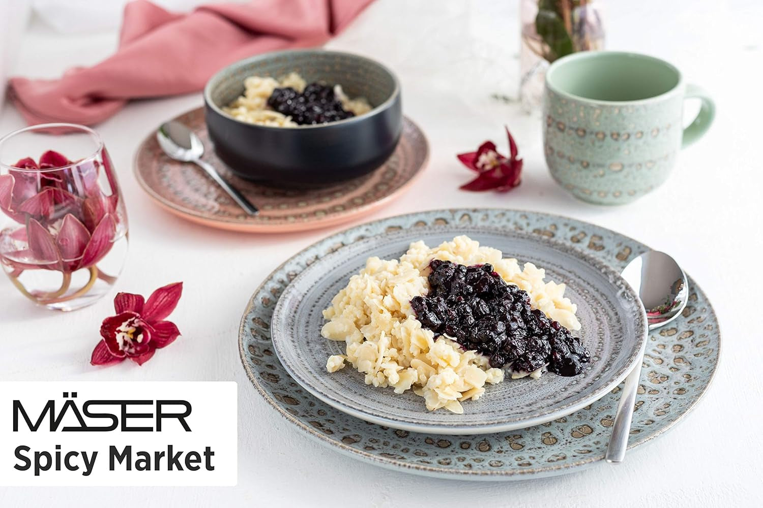 MÄSER 931744 Spicy Market Series, handmålade servisset för 4 i vintage medelhavsdesign, 16-delat keramikkombinationsset, grönt, stengods