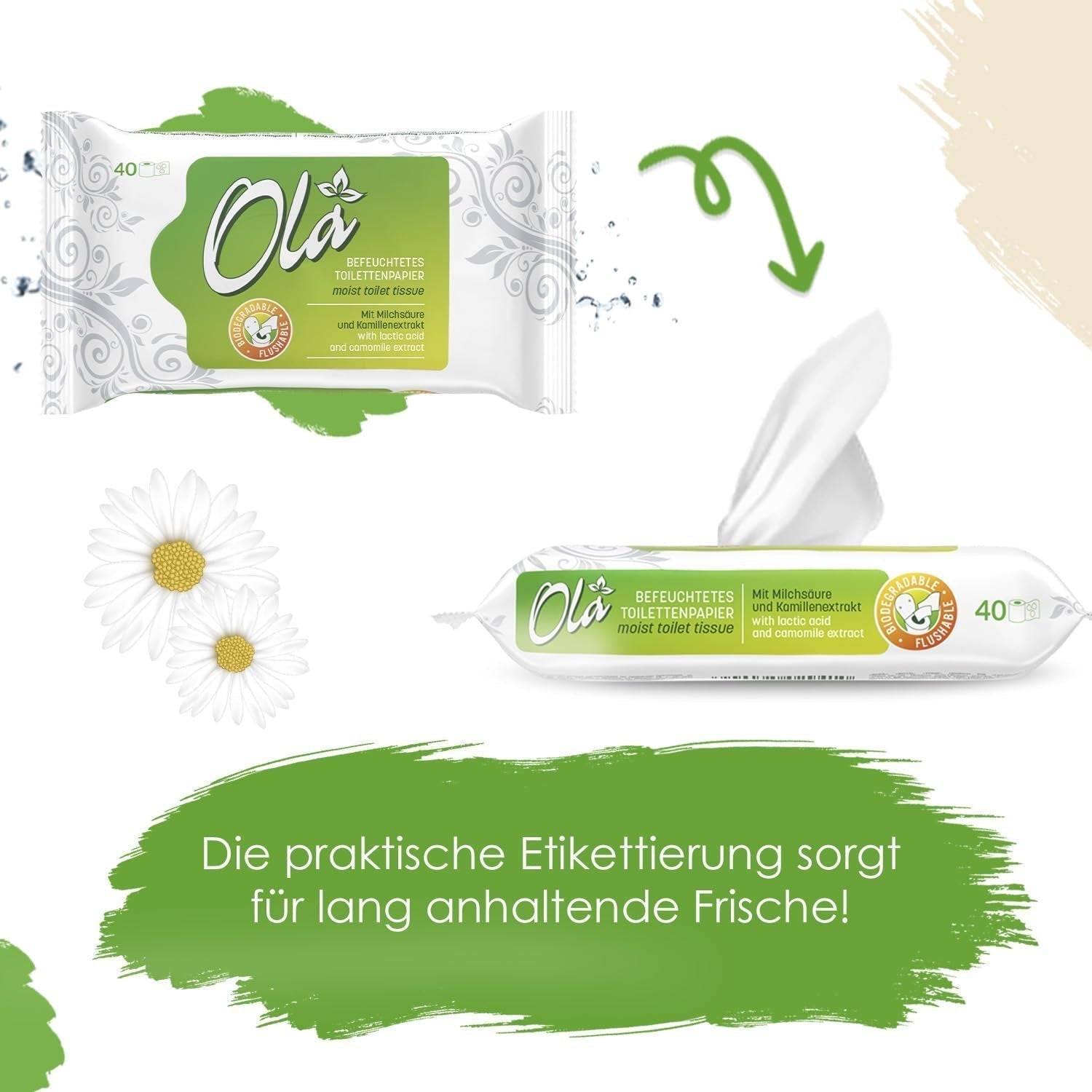 OLA vått toalettpapper - (1X40 stycken) Våtservetter - kamomillextrakt och mjölksyra, tvättbar, känslig hud - 40 stycken