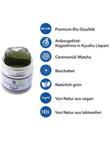 Ekologisk premiummatcha från Japan, ceremoniell kvalitet, fri från bekämpningsmedel, extra fint pulver i 30 g låda, intensiv och delikat smak av grönt te, lämplig för latte, smoothie, ceremoniell kvalitet