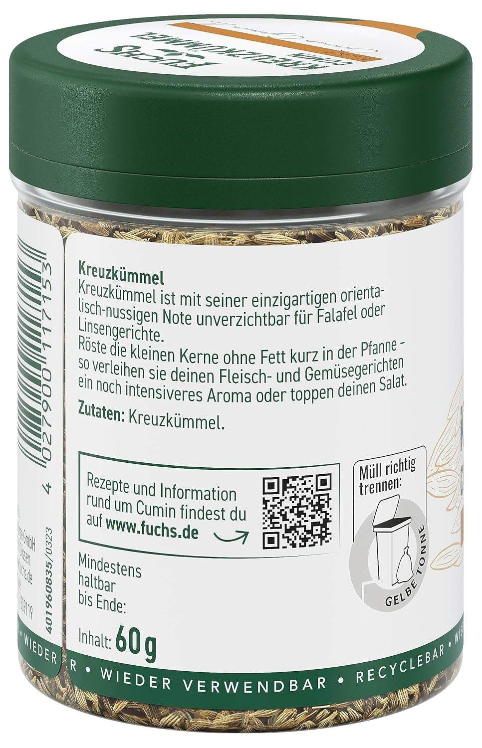 Fuchs Gewürze - Kreuzkümmel ganz - orientalisch-nussige Note für Falafel und Linsengerichte - naturliga ingredienser - 60 g i wiederverwendbarer, recyclebarer Dos