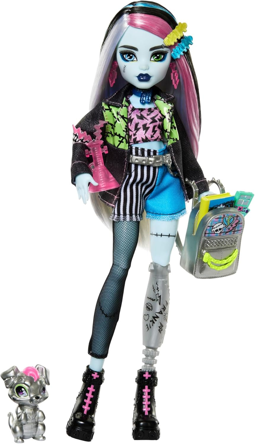 Monster High Frankie Stone Doll i jeansjacka och shorts, inkluderar Watzie Dog och tillbehör som ryggsäck, mellanmål och anteckningsbok, HXH73 Naty Shop Dolls Watzie Dog