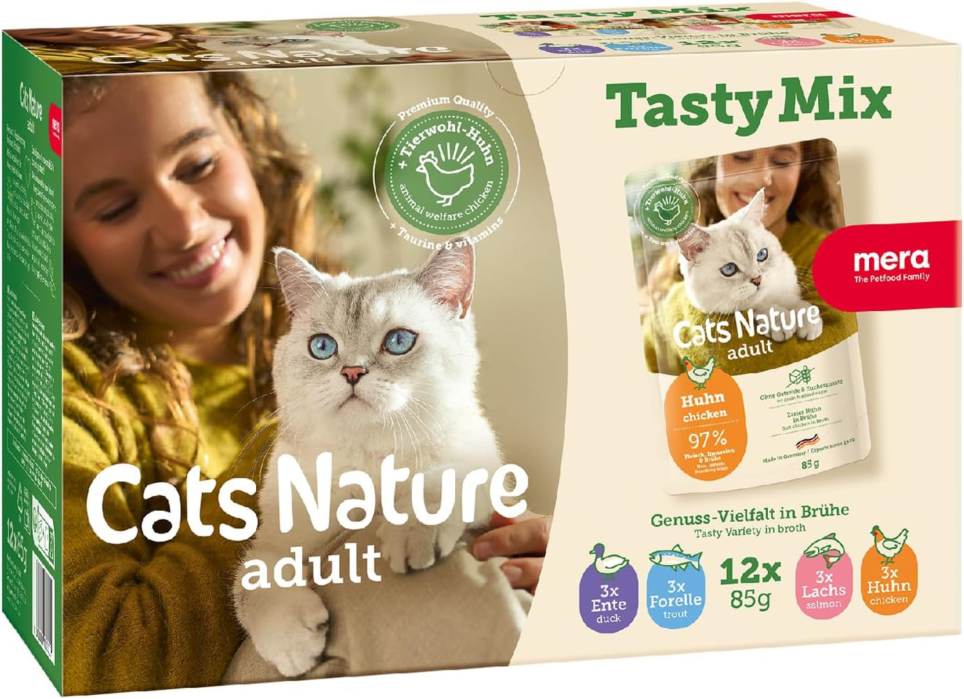 MERA Cats Nature Adult Tasty Mix Premium våtfoder för katter 12x85g | Sockerfri och spannmålsfri | Våtfoder för vuxna katter med hög kötthalt | Ekonomipaket