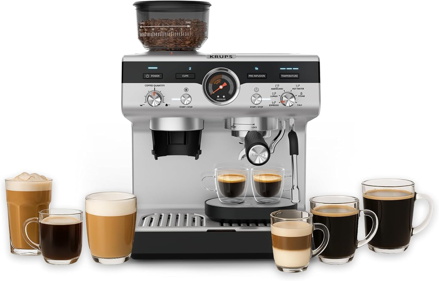 Krups Precision manuell espressomaskin med portafilter och kvarn, barista kaffemaskin med intuitiv kontrollpanel, förinfusionsinställningar, espressomaskin med ångmunstycke, snabb uppvärmning, XP801T10