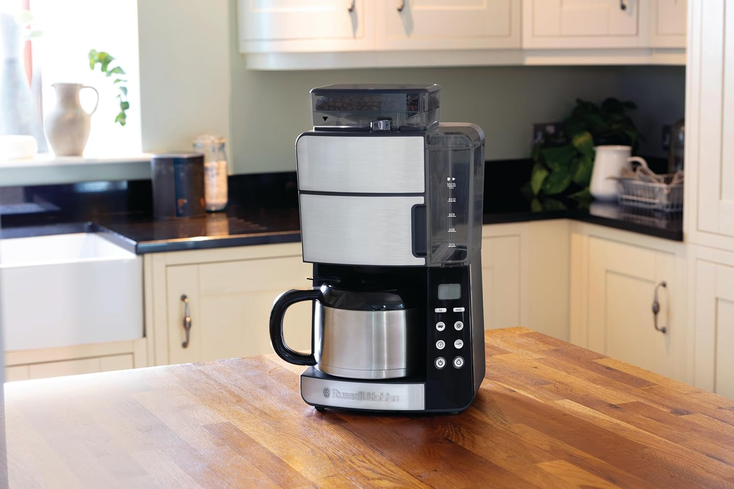Russell Hobbs kaffebryggare med kvarn och termisk karaff [Digital timer, duschhuvud för optimal extraktion och arom] Grind&Brew (1-10 koppar, 3 malningsinställningar) Filterkaffebryggare 25620-56