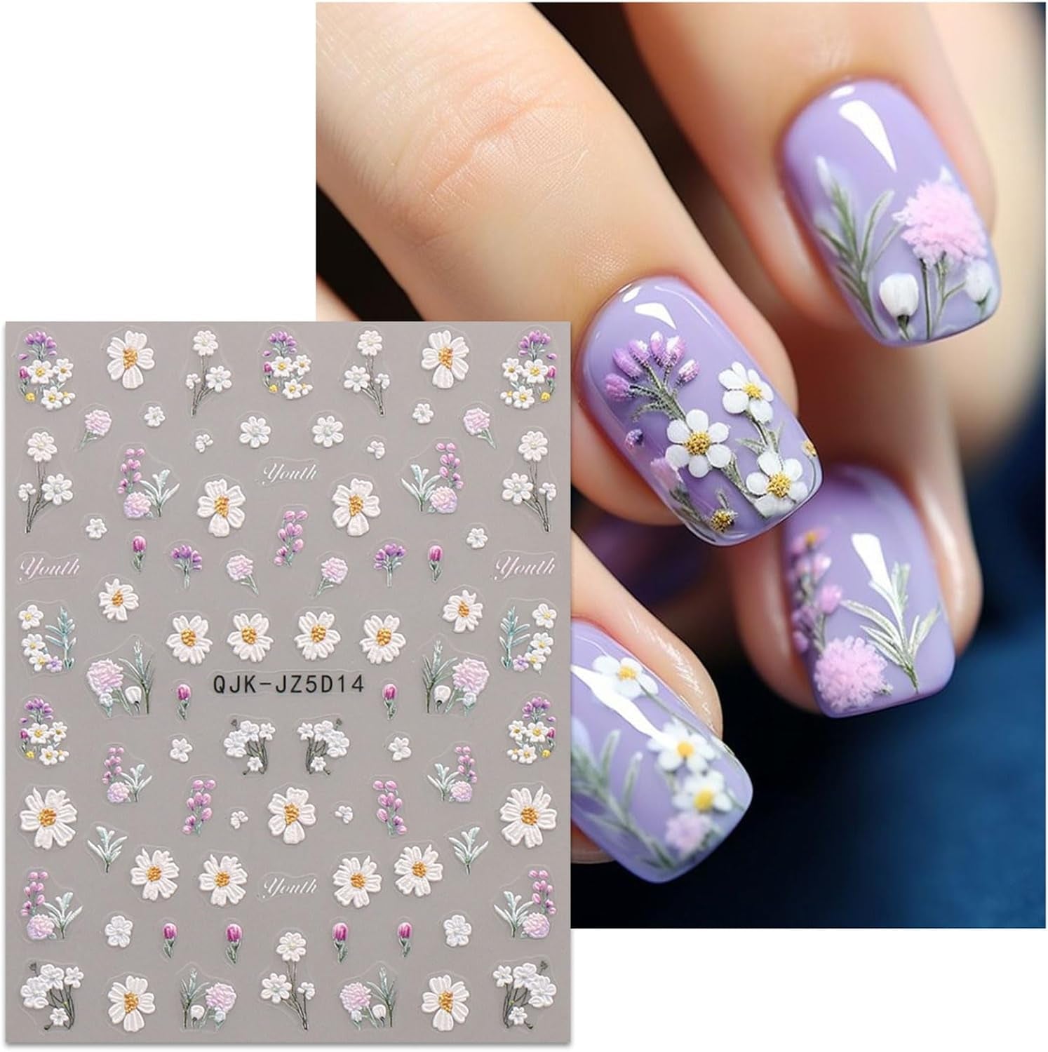 JMEOWIO 3D Nagelsticker Blumen Nail Art Sticker Selbstklebend Nagelaufkleber 5D Stereoskopisk Sommer Frühling Blumen Dekoration Nageldesign Zubehör 4 Blatt