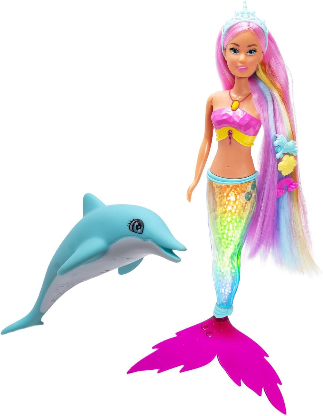 Simba Steffi Love Mermaizing Mermaid Doll med regnbågsljusfunktion, extra långt hår, delfinfigur och hårklämmor, 39 cm höjd, prova-mig-funktion, åldrar 3+