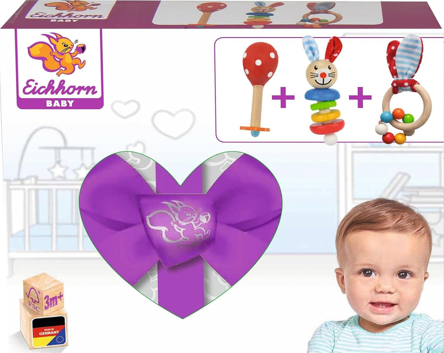 Eichhorn 100017045 - Babystarter / presentset med maraca, leksak med ljud och leksak med kaninmönster, 3 stycken, från 3 månader Toys Bebe Naty Shop