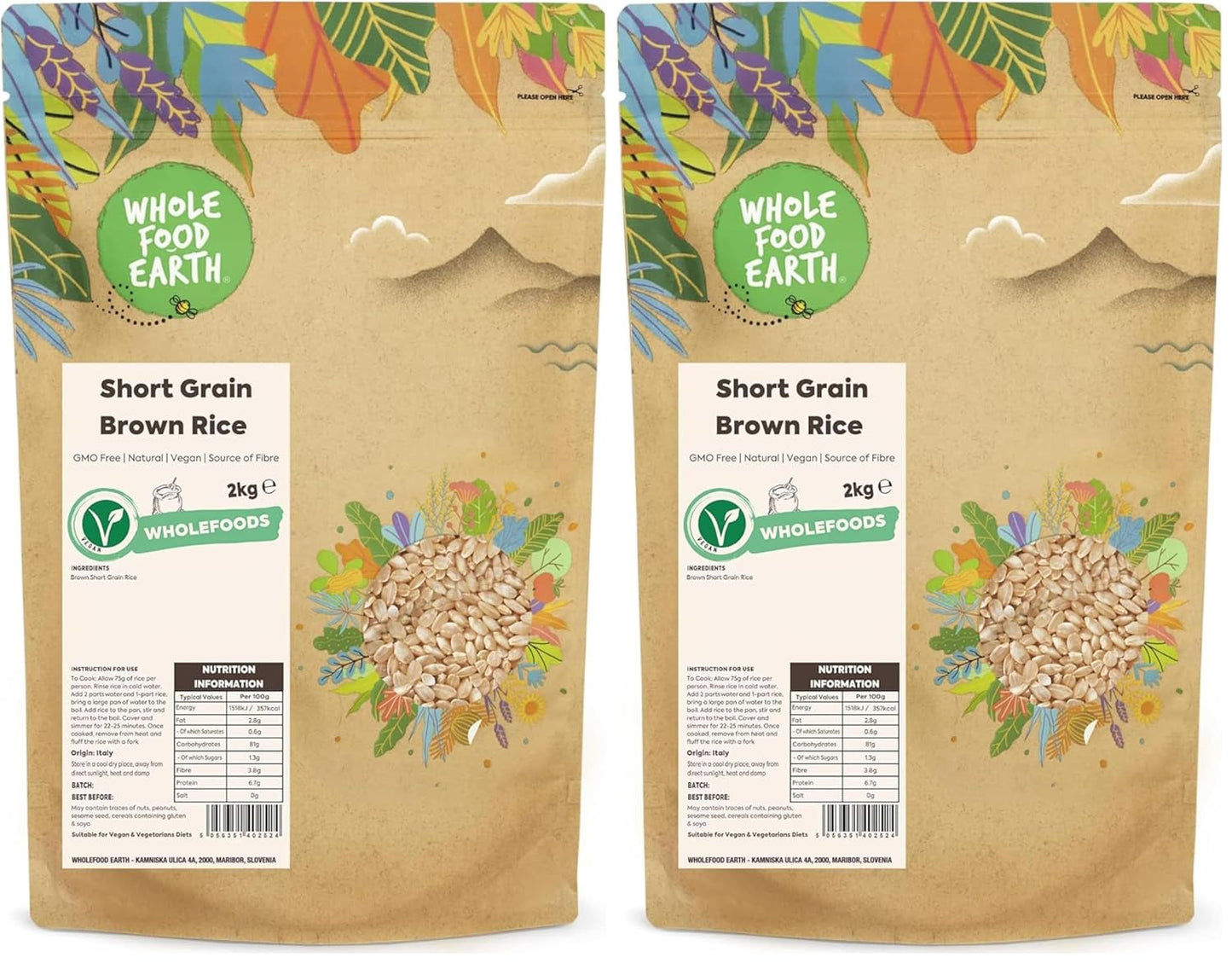 Wholefood jord kortkornigt brunt ris - icke-GMO - naturligt - veganskt - mjölkfritt - utan tillsatt socker, 2 kg
