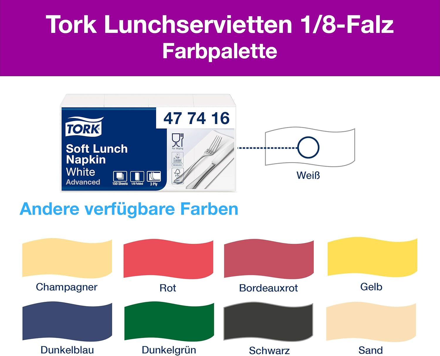 Tork mjuk lunchservett vit, 1/8-vikt, 3 lager, 33 cm × 33 cm, 150 servetter, 477416
