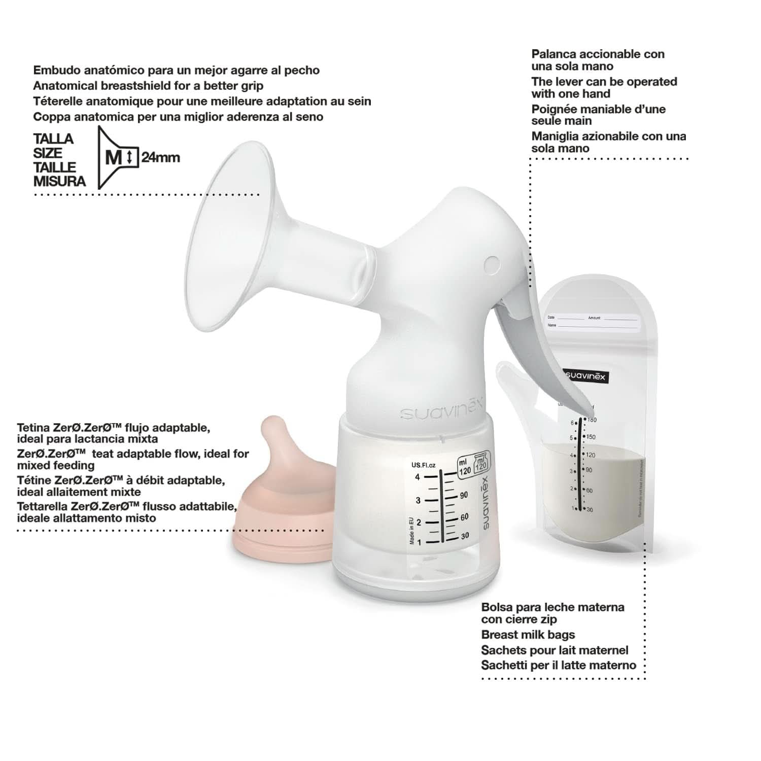Suavinex, Maternal bröstpump, 120 ml, med justerbart flöde Mat och amningstillbehör Bebe Naty Shop
