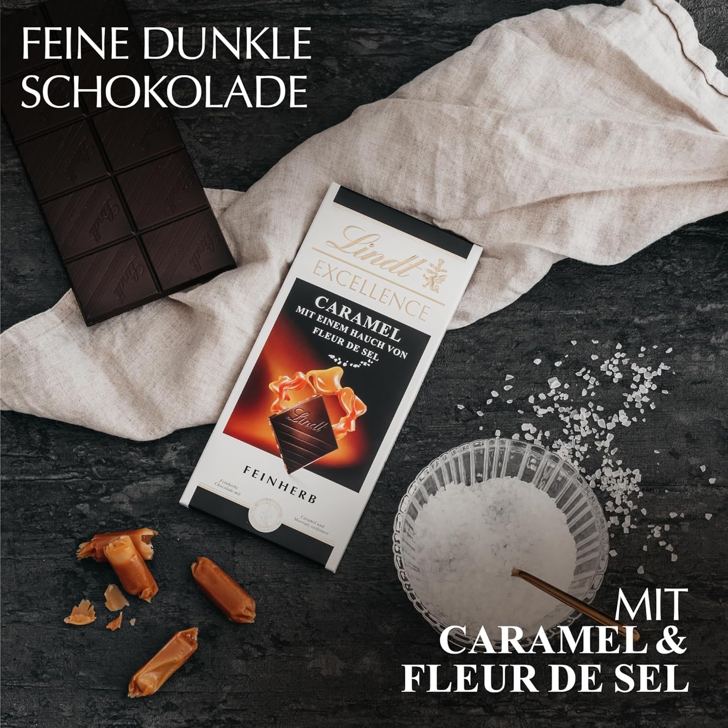 Lindt EXCELLENCE Karamell och havssalt - Mörk choklad | Bar 100g | Med kola och havssalt (Fleur de Sel) | Intensiv kakaosmak | Mörk choklad