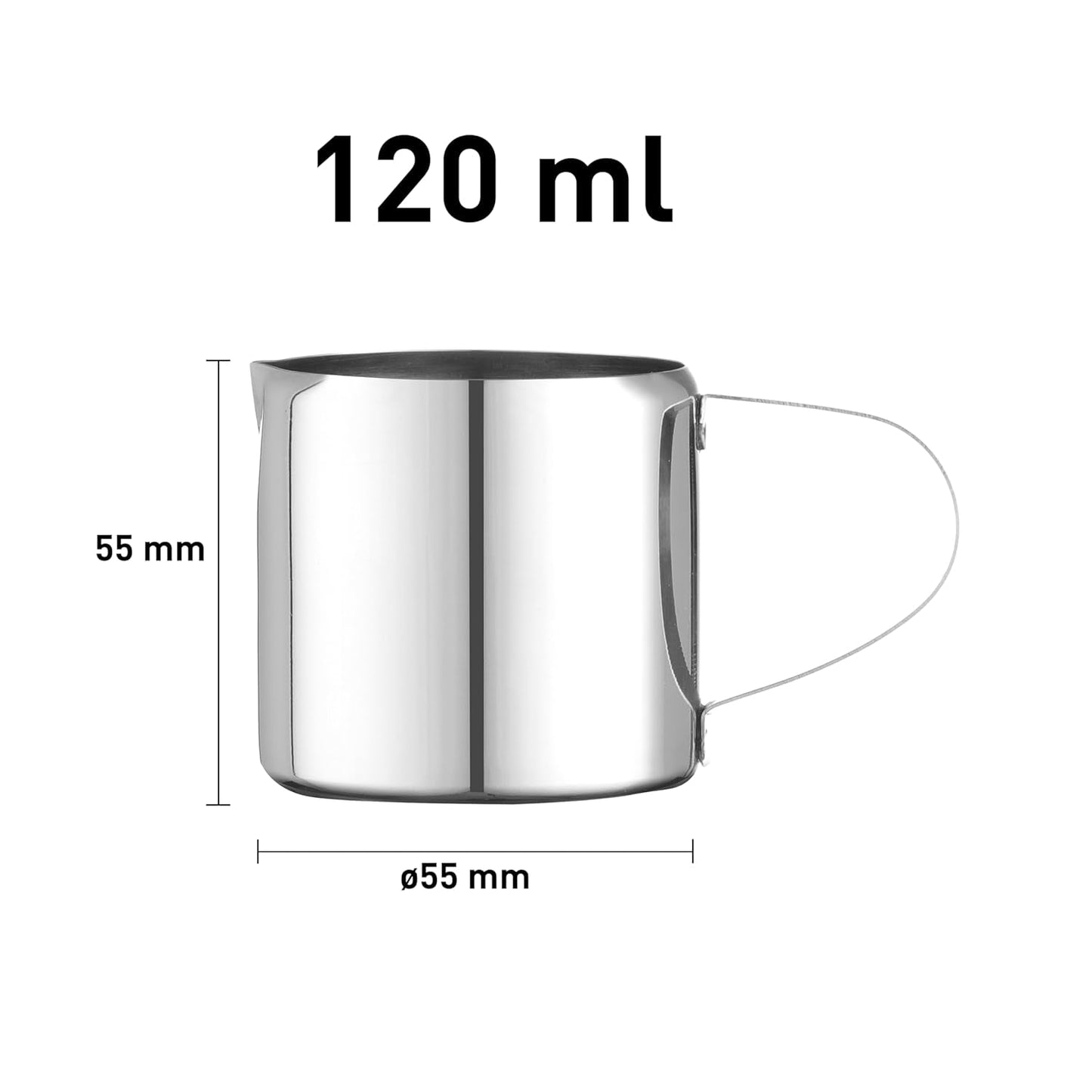HENDI minimjölkmugg, rak design, fast handtag, gräddkanna, liten mjölkkanna, skummande kanna, vispkanna, vispkanna, 120 ml, ø55 x (H) 55 mm, rostfritt stål