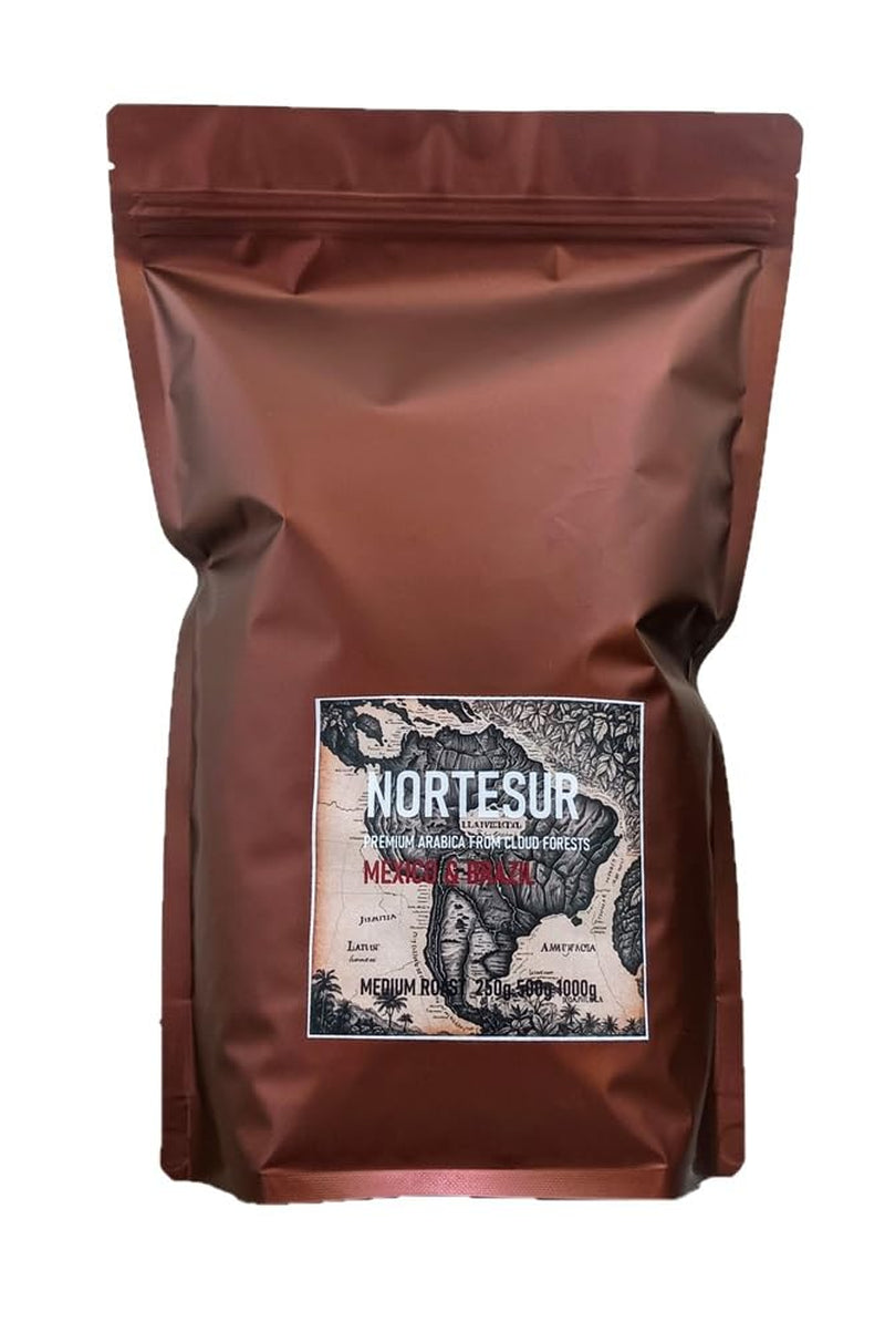 Norte Sur kaffe, starkt kaffe för daglig malning. 100% Arabica från Mexiko och Brasilien.