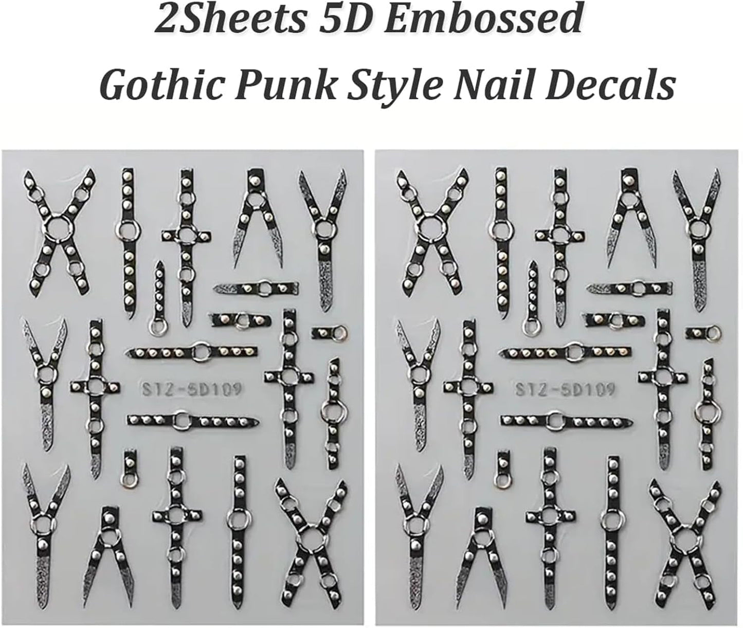 2PCS 5D Relief Gothic Punk Nagelsticker, Nagel Sticker Selbstklebend Kreuz Und X-Form Halloween Nagelaufkleber, Nageldesign Zubehör Für Damen Nail Art