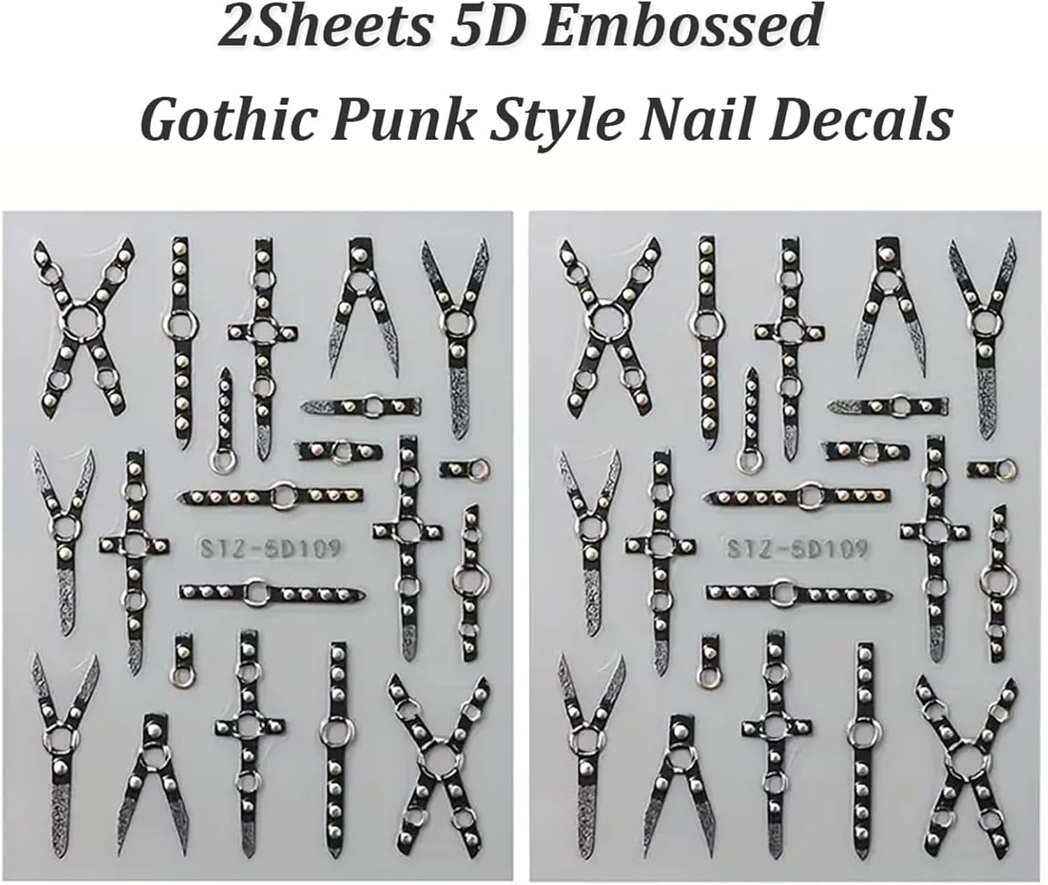 2PCS 5D Relief Gothic Punk Nagelsticker, Nagel Sticker Selbstklebend Kreuz Und X-Form Halloween Nagelaufkleber, Nageldesign Zubehör Für Damen Nail Art