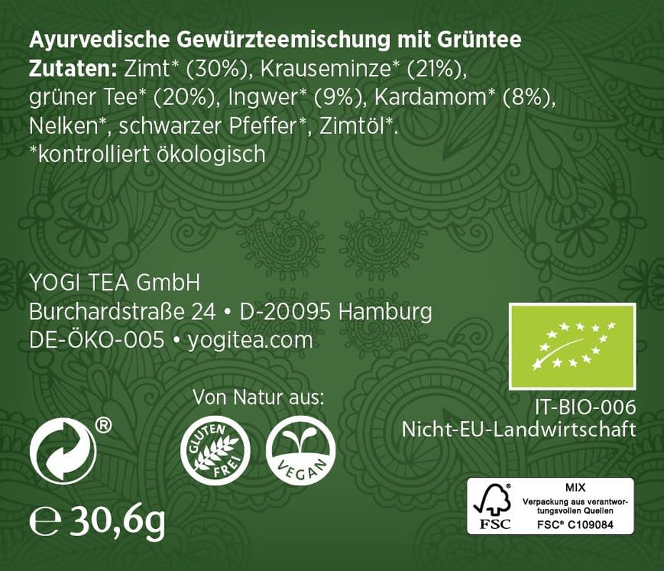 Yogi Tea Green Chai, organiskt ayurvediskt kryddat te, blandning av kanel, mynta, grönt te, ingefära, kardemumma och kryddnejlika, 6X17 tepåsar (totalt 102 tepåsar)